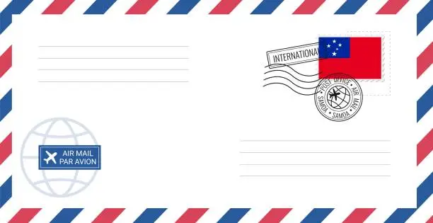 Vector illustration of Blank air mail envelope with Samoa postage stamp. Postcard vector illustration with Samoa national flag isolated on white background.