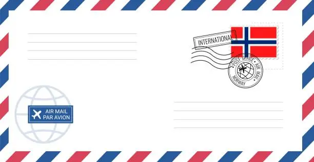 Vector illustration of Blank air mail envelope with Norway postage stamp. Postcard vector illustration with Norwegian national flag isolated on white background.