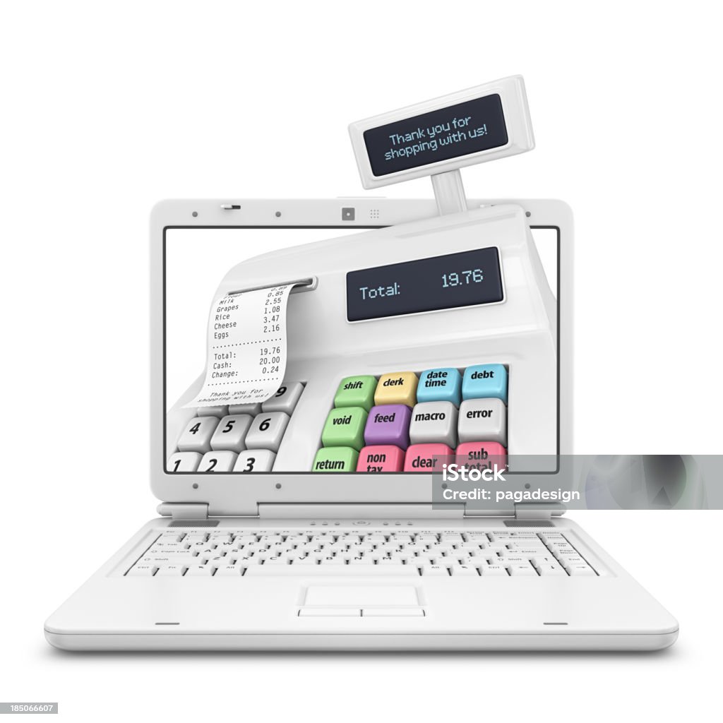 internet payment isolated white laptop and cash box on the screen.3d render. Cash Register Stock Photo