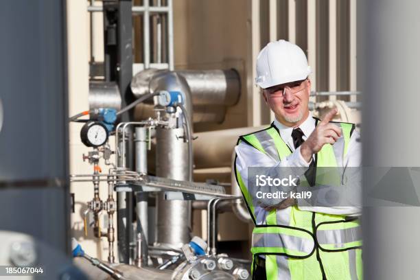 Chaleco De Ingeniero Lleva Seguridad Foto de stock y más banco de imágenes de 50-54 años - 50-54 años, 50-59 años, Accesorio de cabeza