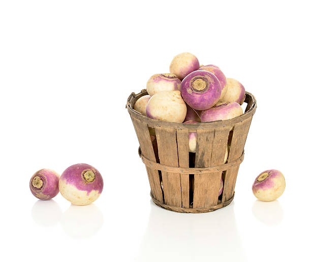 Turnips in a Rustic Basket stock photo