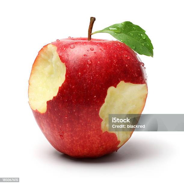 Two Bites On A Red Apple Stock Photo - Download Image Now - Apple - Fruit, Missing Bite, Dew