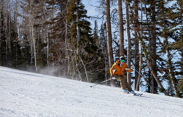 Girl carving a turn on skis A young woman is skiing fast and carving a turn on skis in Deer Valley Utah. deer valley resort stock pictures, royalty-free photos & images