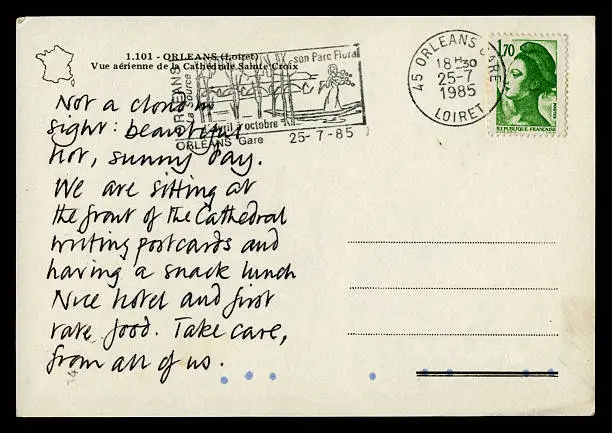 "A holiday postcard sent from Orleans railway station, Loiret, in 1985"