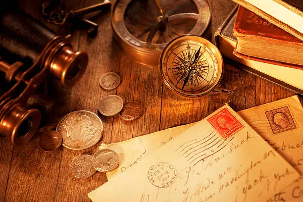 Photo of Antique objects on a Old Wooden Desk