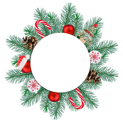 Flat lay composition with Christmas objects and blank circle card isolated on white background. Space for text