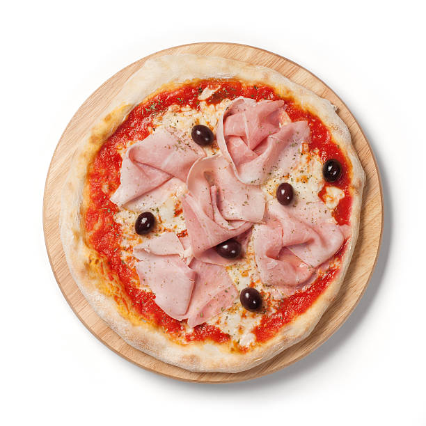 istock Italian pizza with ham and olive, white background, wooden plate 185069009