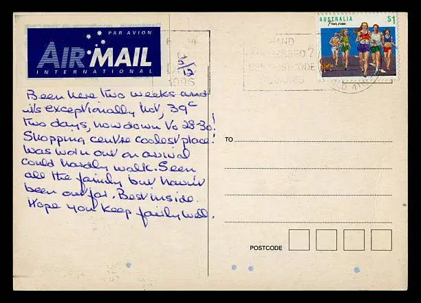 "A postcard sent by a holidaymaker in Australia in 1996, complaining about the summer heat."