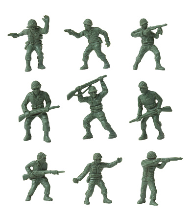 XXXL image of 9 vintage army men isolated on a white background. Toy soldiers are easily removed from the white background using Photoshop's wand tool.