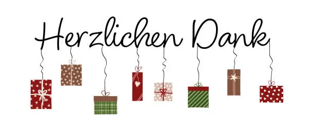 Vector illustration of Herzlichen Dank - lettering in German language - Thank you. Thank you card with colorful gift packs.