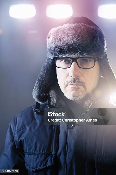 Serious Official On Winter Night Stock Photo - Download Image Now - Cold Temperature, Security Guard, Police Force