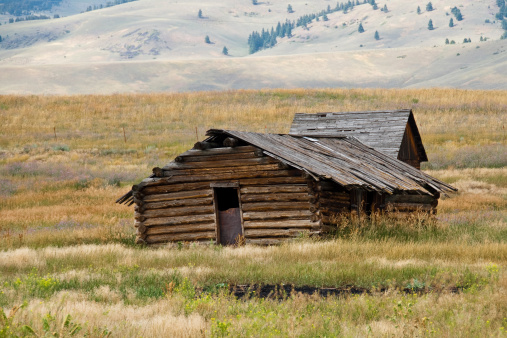 Nothing speaks of rural America like an old cabin. Sadly, many of these wooden relics have fallen into disrepair or simply disappeared. The few still remaining remind us of a time when small farms produced most of the food we eat. This classic weathered log cabin was photographed in Jens, Powell County, Montana, USA.