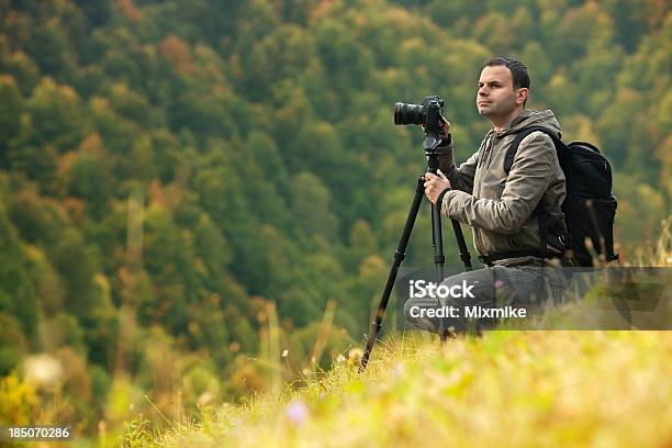 Landscape Photographer In Action Stock Photo - Download Image Now - Adult, Adults Only, Autumn