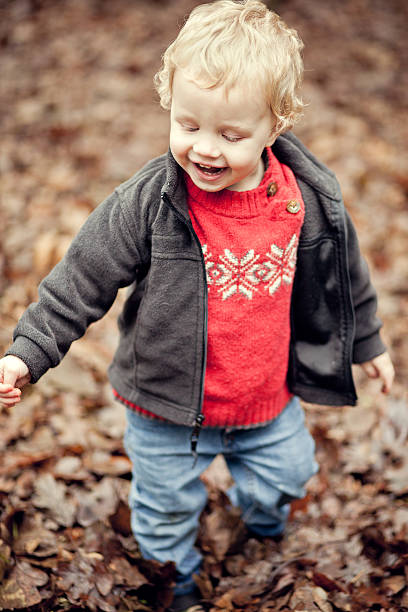 istock Cute Little Boy Walks Through Fall Leaves 185070442