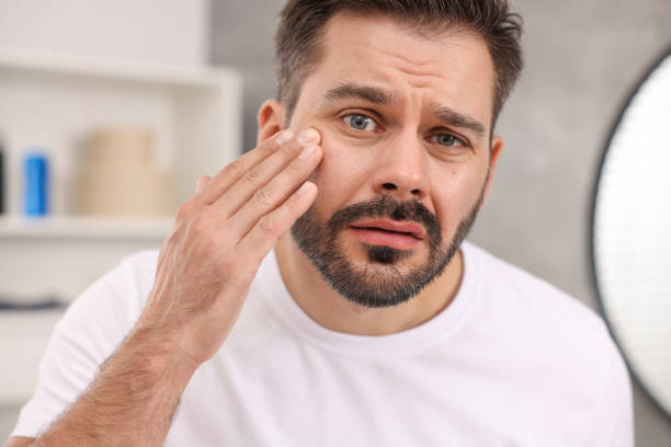 istock Skin problem. Confused man touching his face at home 1850707826