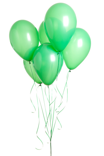 Bunch of green helium ballons isolated on white background.