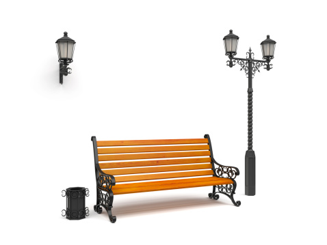 bench, street lamp,basket Isolated On White, perspective view