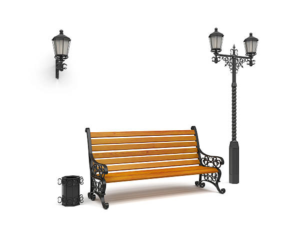 bench, street lamp,basket Isolated On White, perspective view "bench, street lamp,basket Isolated On White, perspective viewPlease see some similar pictures from my portfolio:" bench stock pictures, royalty-free photos & images