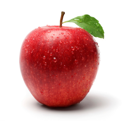 Fresh red apple with water droplets and leaf, isolated on white background.
