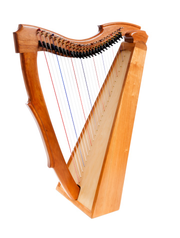 Stock photo of a harp isolated on a white background.