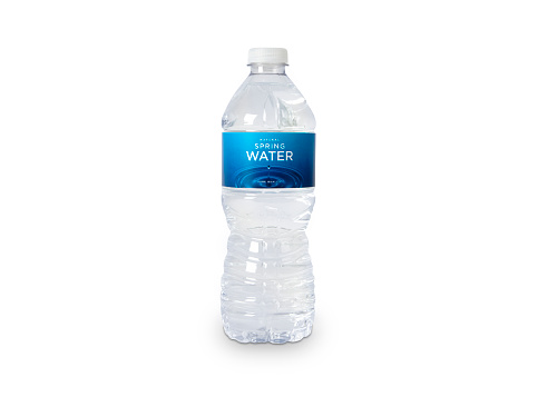 A bottle of natural spring water with generic (fictitious) labeling. Isolated on white. Contains CLIPPING PATHS for easy editing.