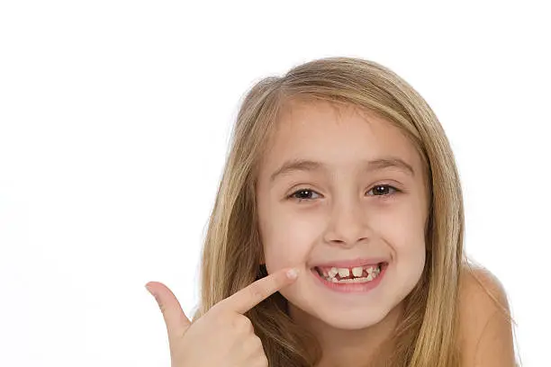 adorable little girl pointing at her imperfect teeth