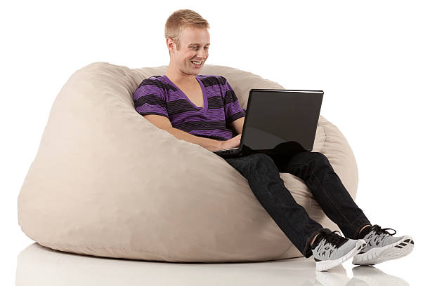 istock Man sitting on bean bag and using a laptop 185073319