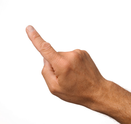 Hand gestures - man hand pointing on virtual object with forefinger, isolated on white background