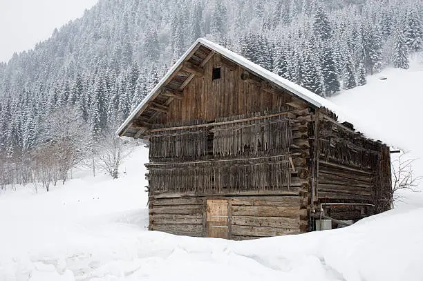 "Typical wooden barn in a snowcovered landscape. Located in Riezlern, Kleinwalsertal in Austria. There are some snowflakes visible."