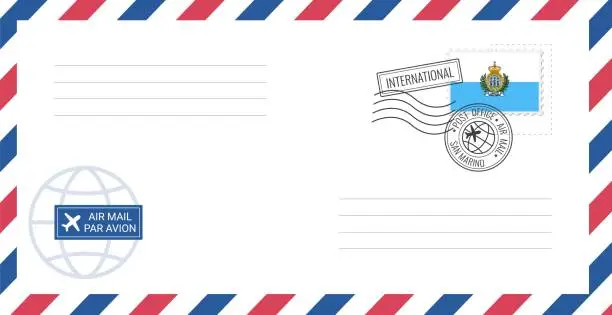 Vector illustration of Blank air mail envelope with San Marino postage stamp. Postcard vector illustration with San Marino national flag isolated on white background.