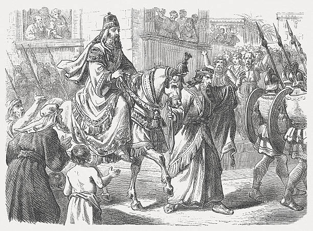 Mordecai and Haman (Esther 6, 10-11), wood engraving, published 1877 The king then said to Haman, “Go quickly! Take the clothing and the horse, just as you have described, and do as you just indicated to Mordecai the Jew who sits at the king’s gate. Don’t neglect a single thing of all that you have said.” So Haman took the clothing and the horse, and he clothed Mordecai. He led him about on the horse throughout the plaza of the city, calling before him, “So shall it be done to the man whom the king wishes to honor!” (Esther, Chapter 6, 10-11). Woodcut engraving after a drawing by Julius Schnorr von Carolsfeld (German painter, 1794 - 1872), published in 1877. esther bible stock illustrations