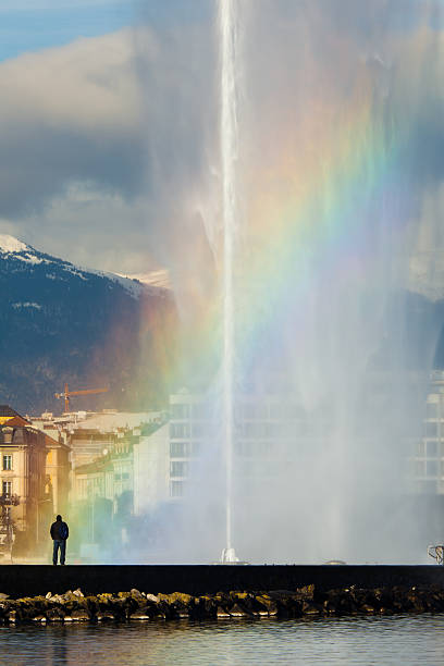 people travelling the Lake Geneva and fountain