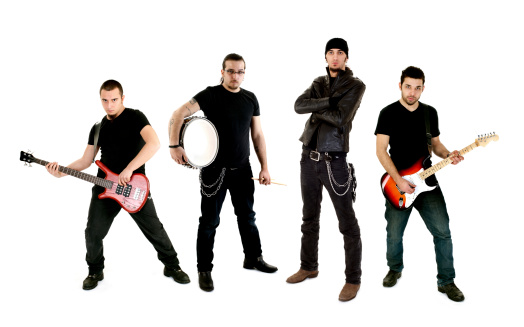 Rock group performers on white background.