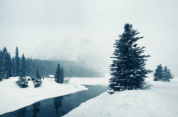 lake louise banff winter scene "lake louise in banff national park, alberta -canadawinter scene, very cold temperatures - panorama images stitched, textures overlay" ca04 stock pictures, royalty-free photos & images