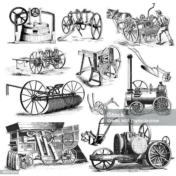 Agricultural Farmers Machinery And Equipment Illustrations Vintage Farming Clipart Stock Illustration - Download Image Now