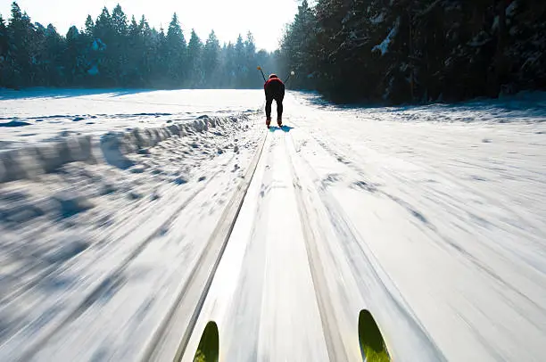 Front view of cross country skis during downhill at full speed - blurred motion