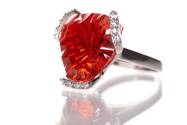 Silver ring decorated with Red Garnet stone on white background
