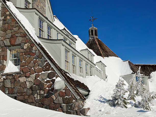 Looking for the side of Timberline Lodge toward the center of building. The Lodge is a National Historic Landmark. This is on Mt Hood located in Northwest Oregon.