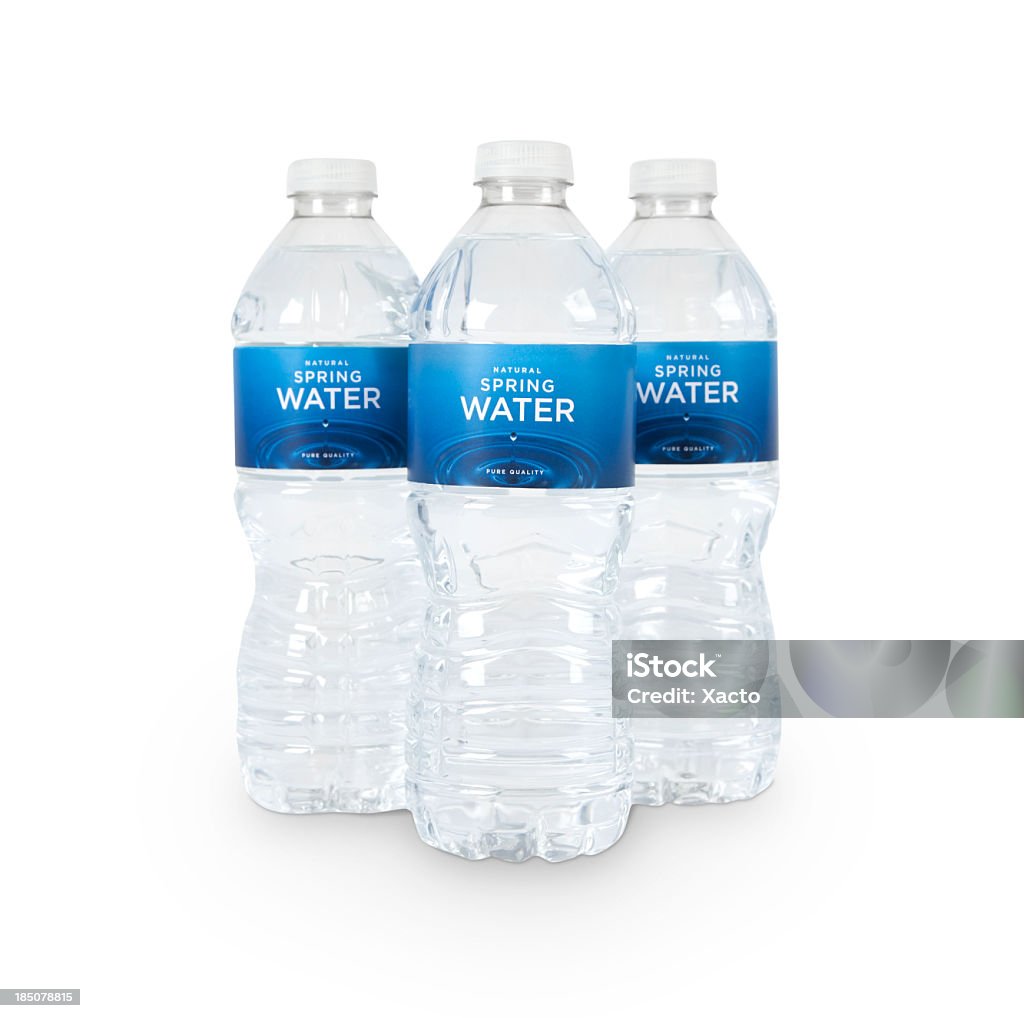 Three Bottles of Water (fictitious) + Clipping Paths Three bottles of natural spring water with generic (fictitious) labeling. Isolated on white. Contains CLIPPING PATHS for easy editing. Water Bottle Stock Photo