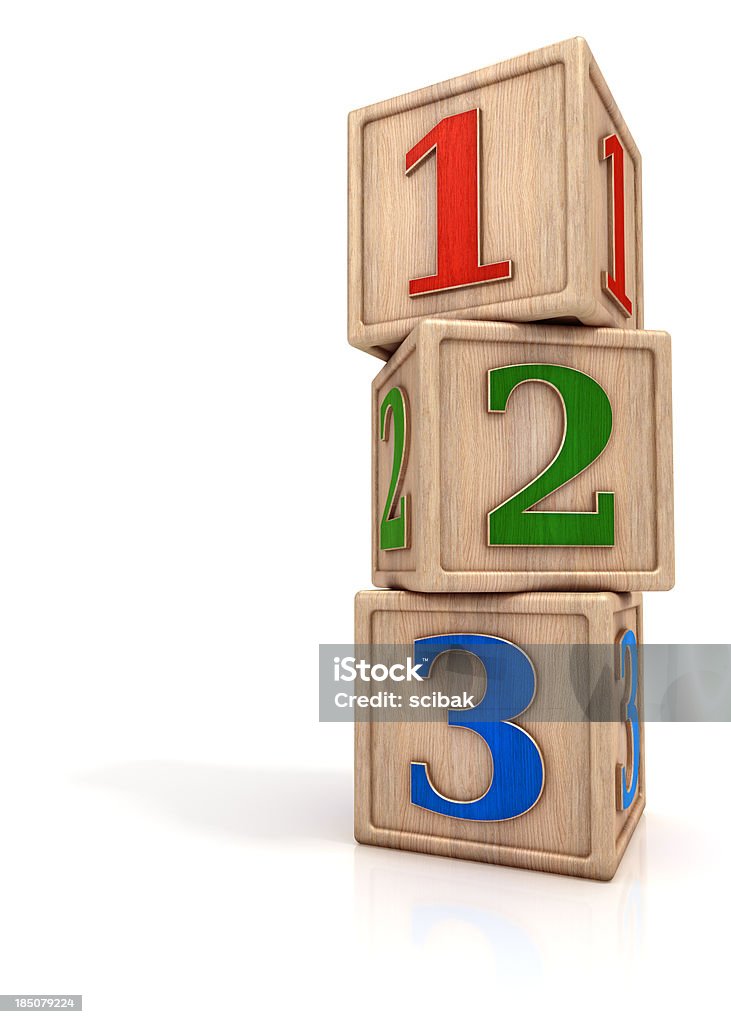 Blocks stack with numbers 1 2 3 Baby toys. Wooden blocks with numbers 1 2 3.Digitally generated image. Isolated on white background. Alphabet Stock Photo