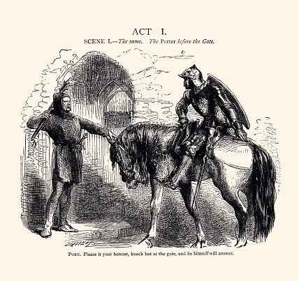 Medieval Knight and Castle Guard. Vintage engraving circa late 19th century, engraved by Sir John Gilbert, and edited by Howard Staunton (1882) to illustrate William Shakespeare's play. Digital restoration without AI by pictore.