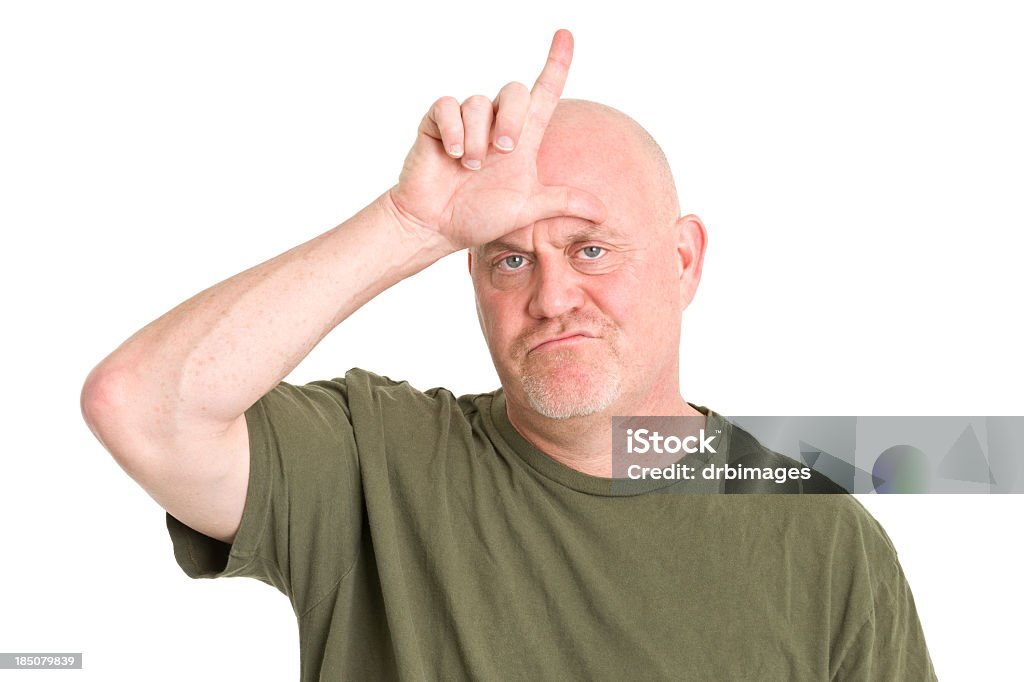 Mature Man Gestures Loser L Hand Sign Portrait of a mature man on a white background. http://s3.amazonaws.com/drbimages/m/cc2.jpg Gesturing Stock Photo