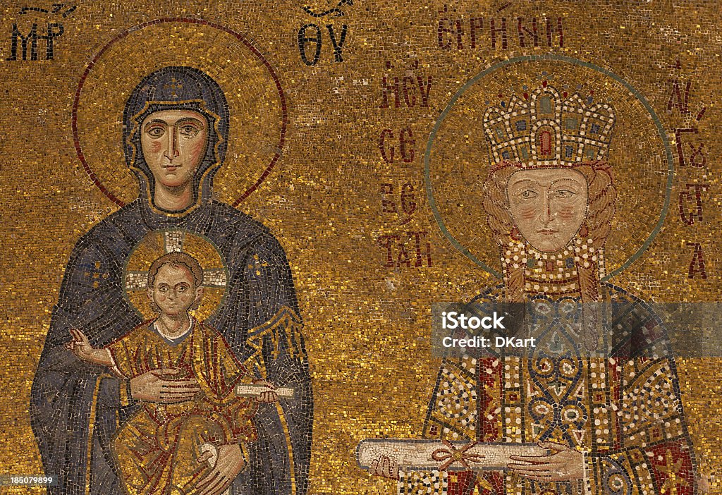Byzantine mosaic of the Sacred Maria With baby Jesus "Byzantine mosaic of the Sacred Maria With the baby Jesus Christ on hands. 13th century byzantine mosaic of the Virgin in the Hagia Sophia temple in Istanbul, Turkey" Art Stock Photo