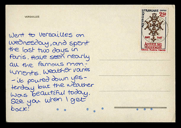 A postcard sent from France describing a holiday in 1985. The postage stamp commemorates the bicentenary of the revocation of the Edict of Nantes which granted religious freedom to Protestants. The ensuing persecution of Hugueneots caused mass emigration.