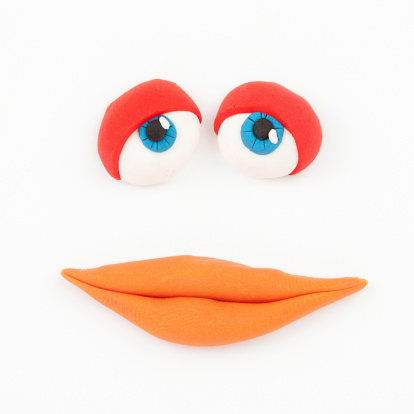 Eye with eyelashes and red pouty lips on green background, 3D rendering illustration