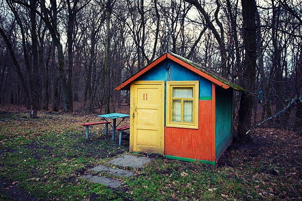 psychedelic hut strange hut in forest summer camp cabin stock pictures, royalty-free photos & images