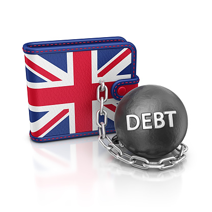 isolated wallet with british flag and chain ball with word debt.