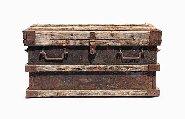 Old distressed metal trunk isolated on white background with accurate clipping path. 