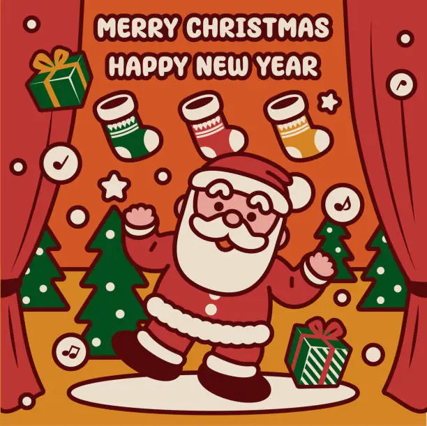 Vector illustration of Adorable Santa Claus dancing happily on a stage and sending Christmas presents wishes you a Merry Christmas and a Happy New Year