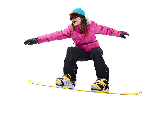 сноубординг девушка с обтравка - skill side view jumping mid air стоковые фото и изображения